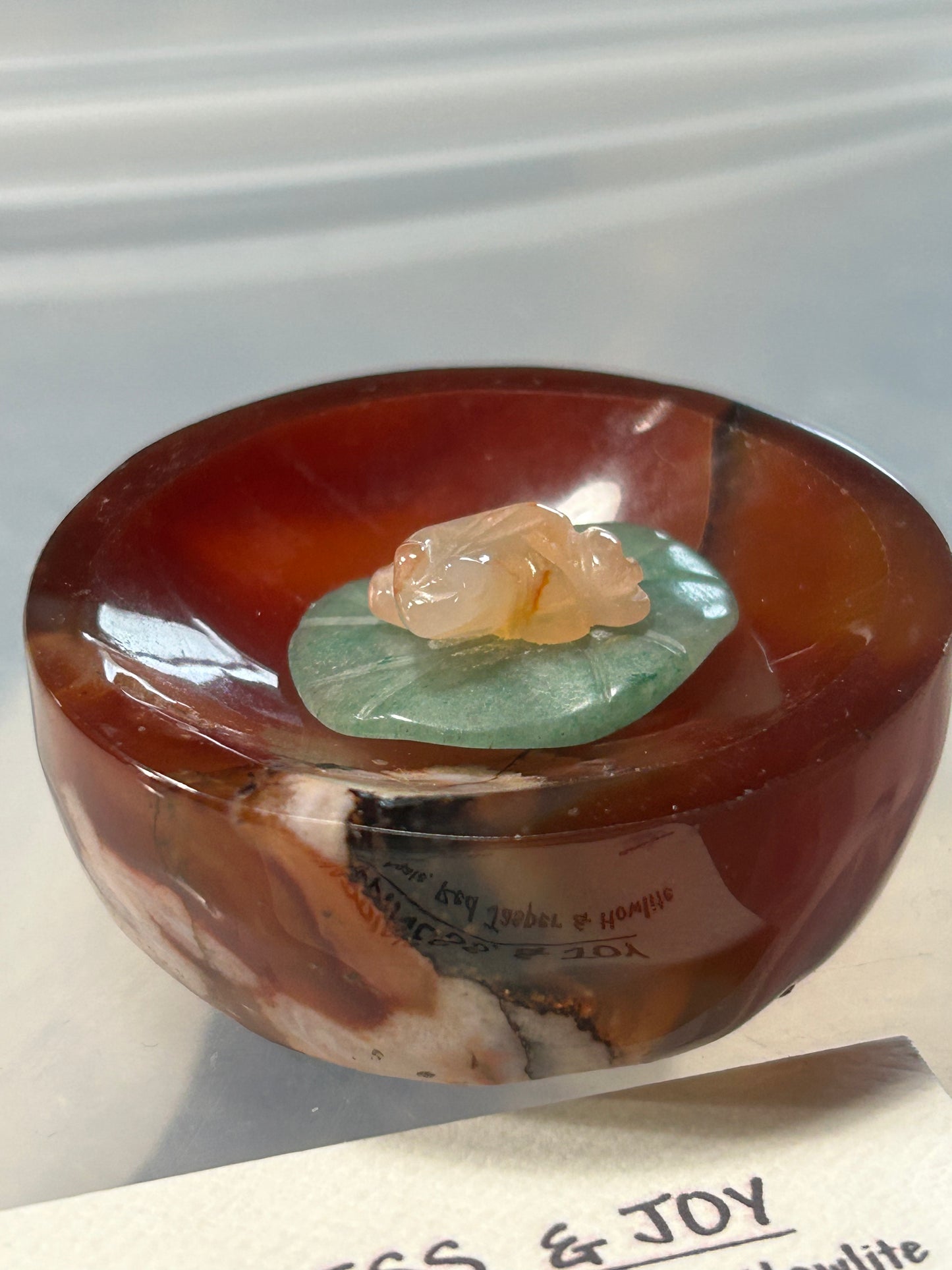 Carnelian Bowl with Sakura Agate, Red Jasper, Fluorite and Howlite Frog From my Stuio