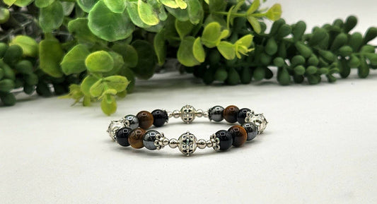 TRIPLE PROTECTION-Hematite, Tiger Eye, Obsidian Bracelet 7.5