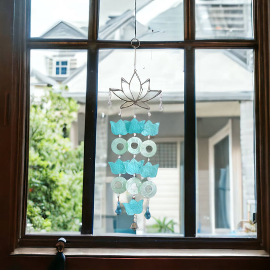Blue / Green Capiz Wire Lotus Chime