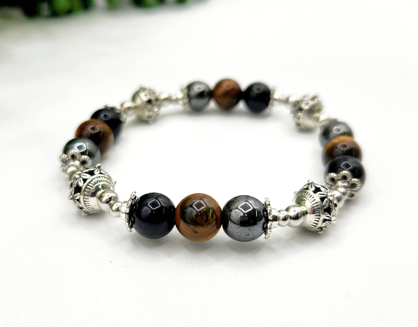 TRIPLE PROTECTION-Hematite, Tiger Eye, Obsidian Bracelet 7.5