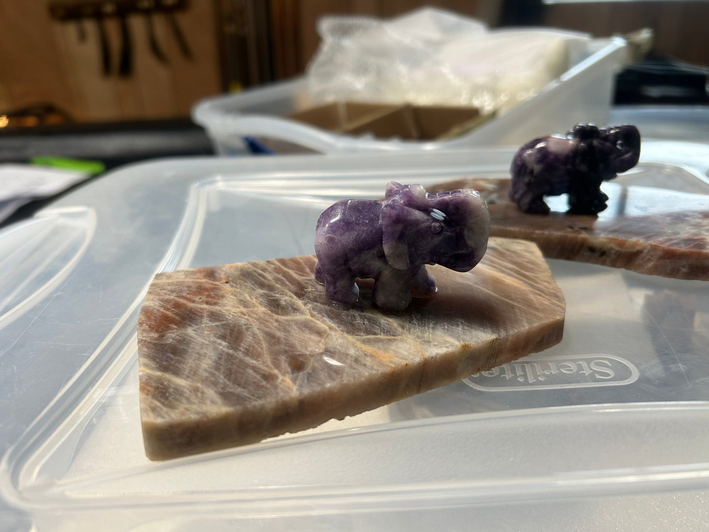 Mixed Sunstone/Moonstone with Lepidolite Elephant Sculpture in my studio