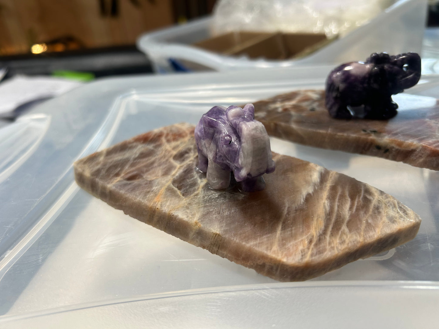 Mixed Sunstone/Moonstone with Lepidolite Elephant Sculpture in my studio