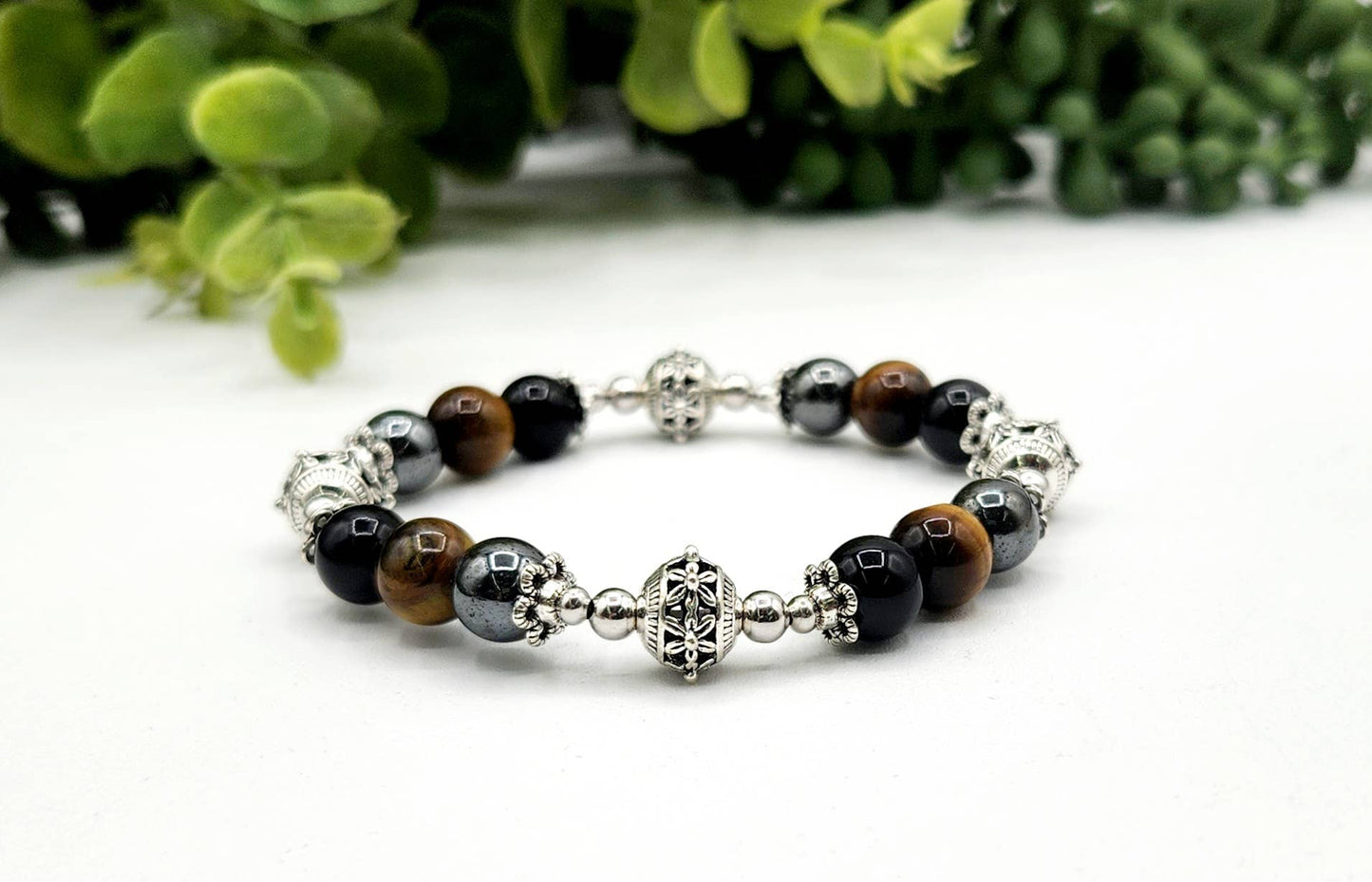 TRIPLE PROTECTION-Hematite, Tiger Eye, Obsidian Bracelet 7.5