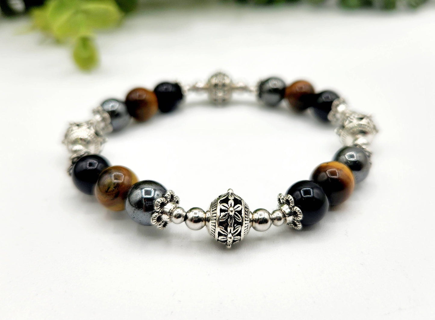 TRIPLE PROTECTION-Hematite, Tiger Eye, Obsidian Bracelet 7.5