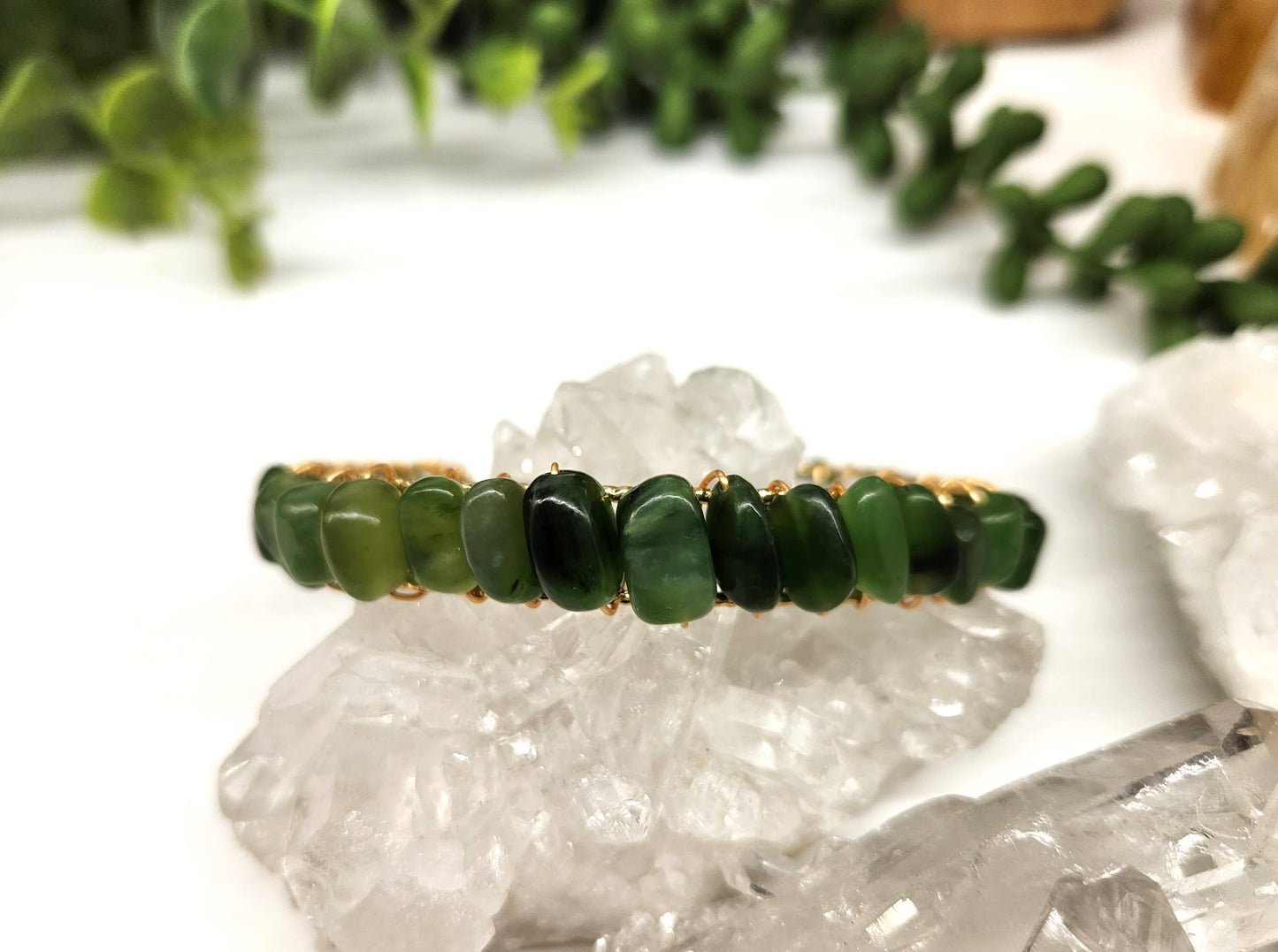 Jade (Canadian) Bangle/Cuff/Wire Wrapped -18kt.Gold Overlay