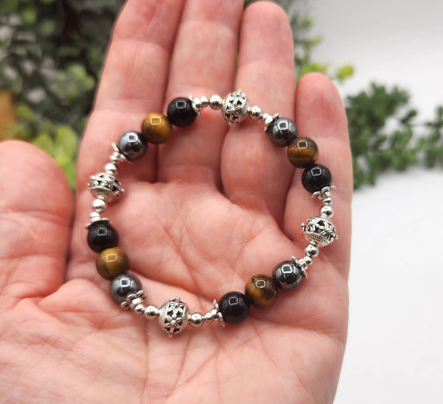 TRIPLE PROTECTION-Hematite, Tiger Eye, Obsidian Bracelet 7.5