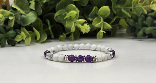 MENTAL CLARITY - Amethyst/White Howlite 6mm Bracelet - 7.5"