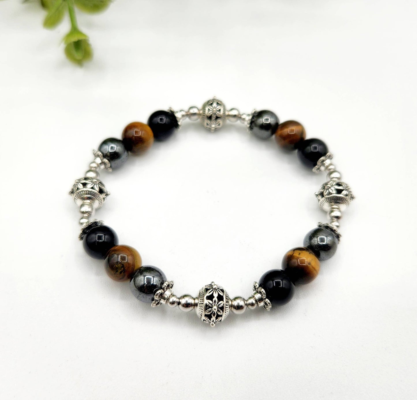 TRIPLE PROTECTION-Hematite, Tiger Eye, Obsidian Bracelet 7.5