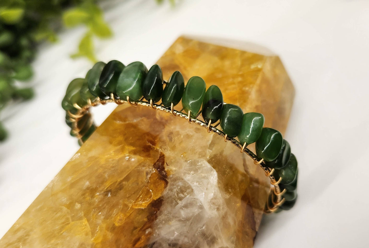 Jade (Canadian) Bangle/Cuff/Wire Wrapped -18kt.Gold Overlay