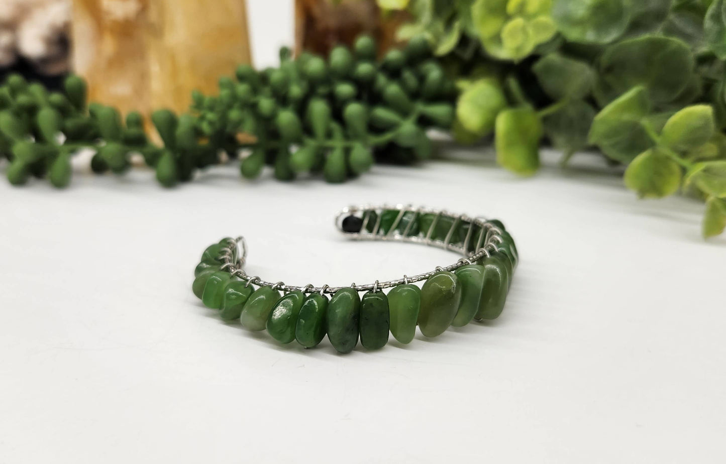 Jade (Canadian) Bangle/Cuff/Wire Wrapped -18kt.Gold Overlay