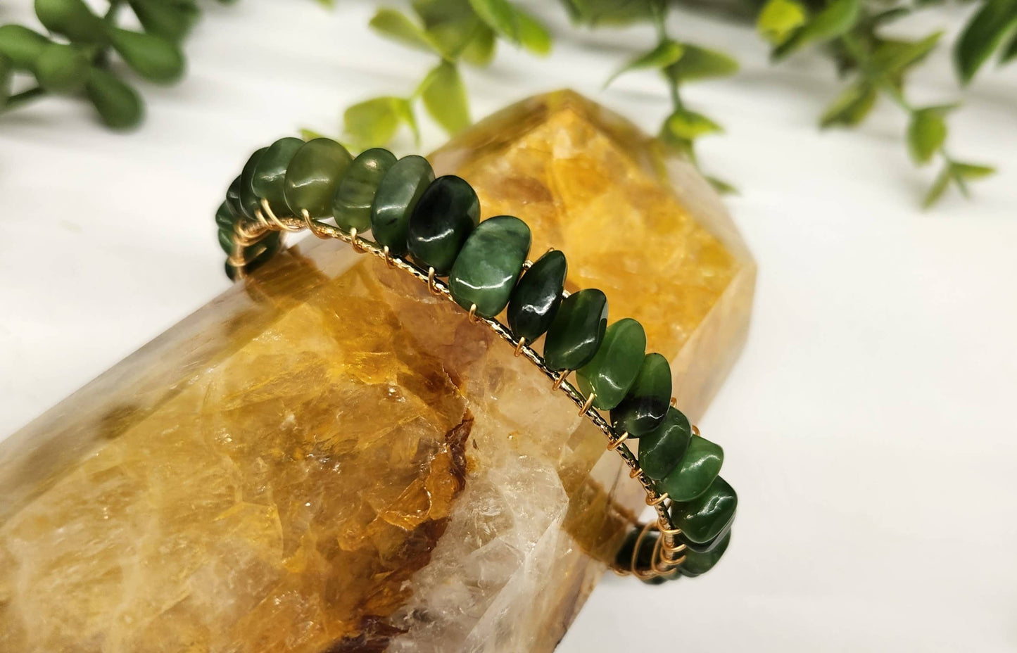 Jade (Canadian) Bangle/Cuff/Wire Wrapped -18kt.Gold Overlay