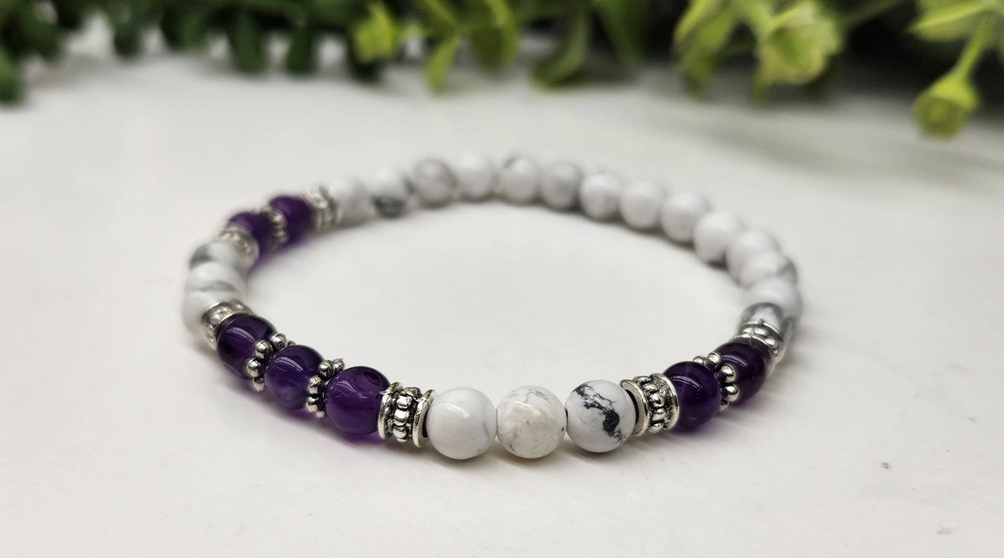 MENTAL CLARITY - Amethyst/White Howlite 6mm Bracelet - 7.5"