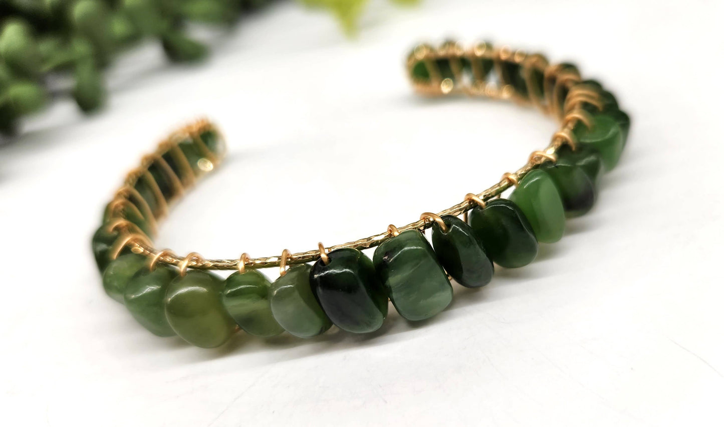 Jade (Canadian) Bangle/Cuff/Wire Wrapped -18kt.Gold Overlay